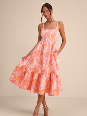 Lulus Avalie Pink Floral Jacquard Tiered Bustier Midi Dress - Size S